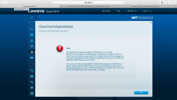 Der integrierte Speedtest misst die Geschwindigkeit der Internetverbindung, erfordert aber einen Flash-Player. (Screenshot: Golem.de)