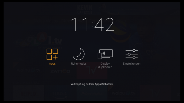 Das neue Bildschirmmenü von Fire OS 5.2.4.0 erscheint nach längerem Druck auf die Home-Taste auf der Fernbedienung. (Screenshot: Golem.de)