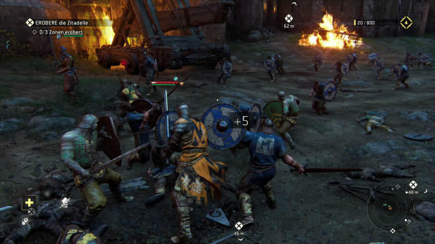 Die Gegner in Massenschlachten können wir nicht aufschalten - ein paar Schwerthiebe reichen aber meist aus. (Screenshot: Golem.de)