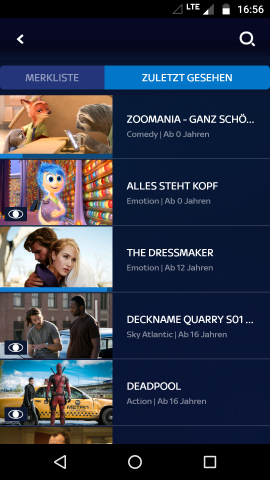 In der Android-App gibt es einen Bereich der zuletzt gesehenen Inhalte, die Apple-TV-App kennt das nicht. (Screenshot: Golem.de)