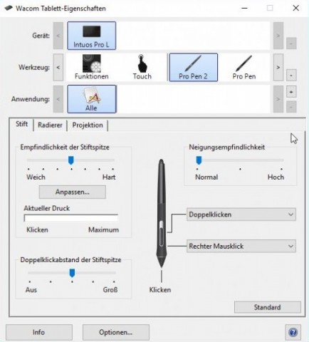 Am Pro Pen 2 können wir etwa die Druckempfindlichkeit und die Seitentasten konfigurieren. (Screenshot: Oliver Nickel/Golem.de)