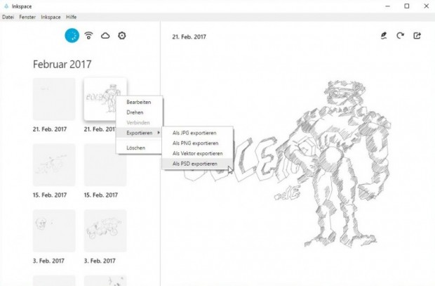 Inkspace ermöglicht Exporte in viele gängige Bildformate. (Screenshot: Oliver Nickel/Golem.de)