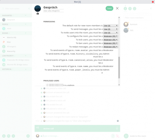 Für Chaträume bietet Matrix detaillierte Berechtigungseinstellungen für jeden Nutzer. (Quelle: Screenshot Golem.de)