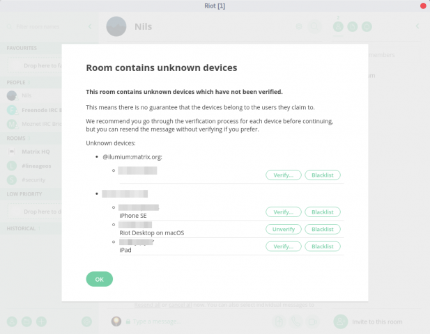 Die Schlüsselverifizierung muss pro Gerät manuell durchgeführt werden. (Quelle: Screenshot Golem.de)