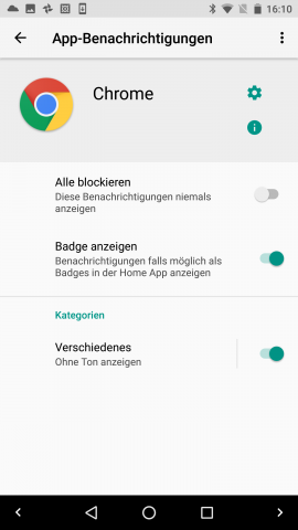 Die Benachrichtigungsoptionen der einzelnen Apps lassen sich weiterhin für jede App separat aufrufen. Neu sind die Benachrichtigungs-Badges und die Kategorien. (Screenshot: Golem.de)