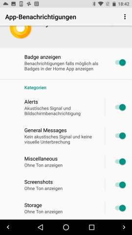 Insgesamt stehen fünf Benachrichtigungskategorien zur Verfügung. Wollen wir nicht mehr nach jedem Screenshot darüber benachrichtigt werden, können wir die entsprechenden Mitteilungen stummschalten. (Screenshot: Golem.de)