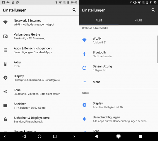 Die Systemeinstellungen von Android O links, die von Android 7.1.1 auf dem Pixel XL rechts (Screenshot: Golem.de)