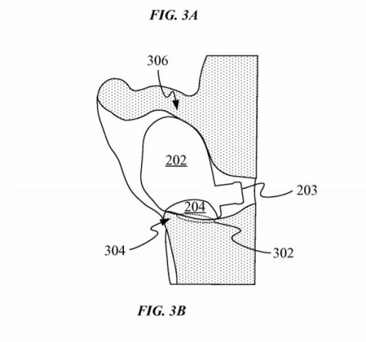 Der Ohrstecker im Ohr, von oben gesehen: Der Sensor (204) drückt gegen den Tragus (304). Die Zahl 302 bezeichnet die Stelle, an der der Kontakt zwischen Sensor und Haut zustande kommt. (Screenshot: Golem.de)