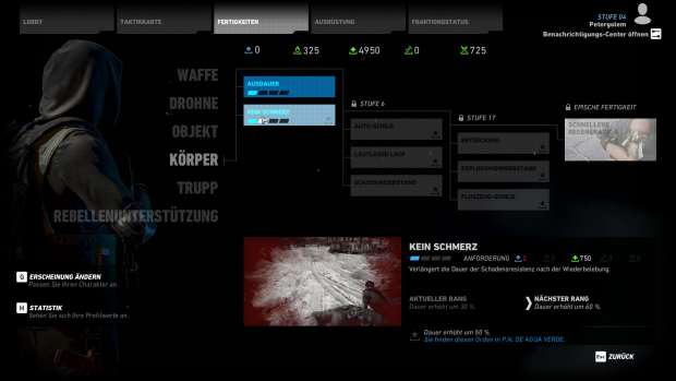 Nach und nach können wir Skills von uns und unsere Ausrüstung verbessern. (Screenshot: Golem.de)