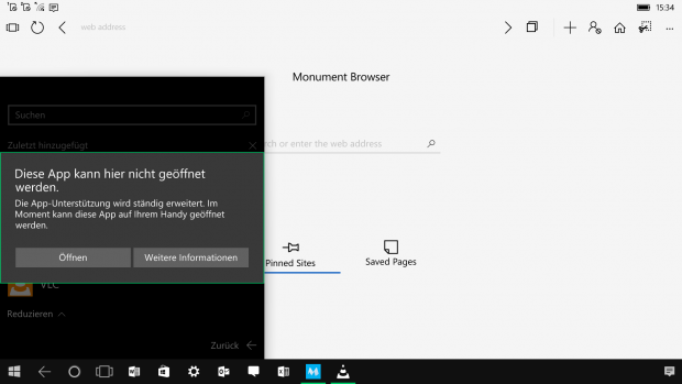 Es lassen sich viele Apps nicht auf dem Continuum-Bildschirm öffnen. (Screenshot: Oliver Nickel/Golem.de)