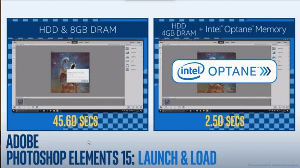 Start von Adobe Photoshop Elements mit und ohne Optane Memory (Bild: Intel)