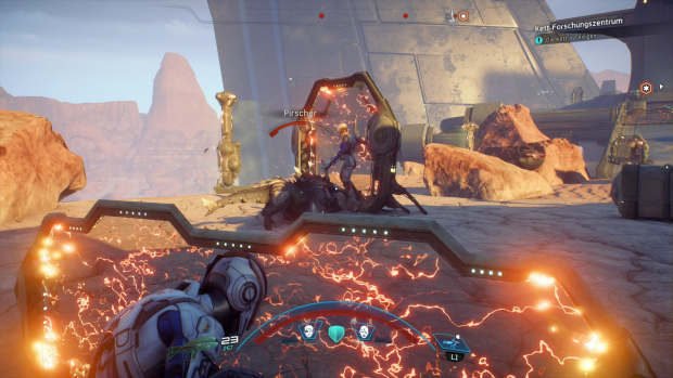 Die flimmernden Dinger sind Schutzschilde, hinter denen die Hauptfigur automatisch in Deckung geht. (Screenshot: Golem.de)