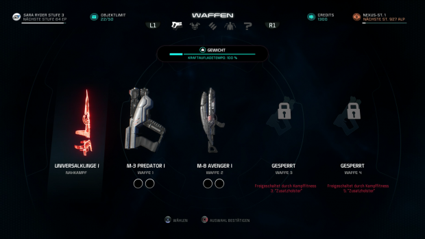 Vor den Außenmissionen können wir unsere Bewaffnung auswählen. (Screenshot: Golem.de)