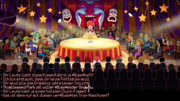 Im Zirkus geht es mit derben Scherzen zur Sache. (Screenshot: Golem.de)