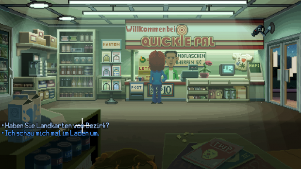 Im Supermarkt von Thimbleweed Park suchen wir eine Landkarte, um in den nächsten Abschnitt gelangen zu können. (Screenshot: Golem.de)