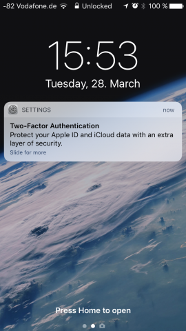 Wer seine Apple ID nicht absichert, bekommt regelm&auml;&szlig;ig eine Warnung. (Screenshot: Golem.de)