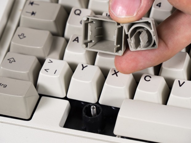 ... und einem unteren Teil, der direkt auf dem Switch sitzt. Im Bild gut zu erkennen: die kleine Feder, die namensgebend für den Buckling-Spring-Mechanismus ist. (Bild: Martin Wolf/Golem.de)