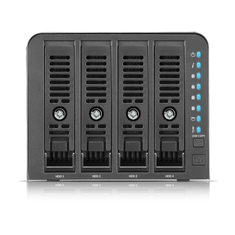 An der Vorderseite sind vier Festplattenschächte angebracht. (Bild: Thecus)