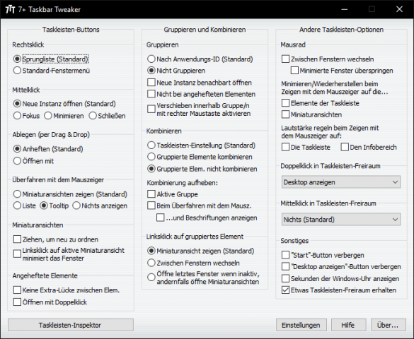 Einstellmöglichkeiten von 7+ Taskbar Tweaker (Screenshot: Golem.de)