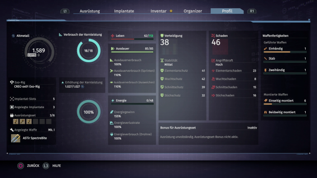 Die Charakterwerte in der &Uuml;bersicht (Bild: Deck 13/Screenshot: Golem.de)
