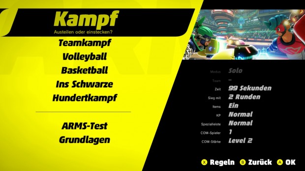 Die Modi-Auswahl in Arms (Bild: Nintendo/Screenshot: Michael Wieczorek/Golem.de)