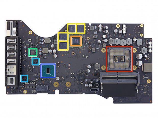 Die GPU (orange) ist verlötet, links sind Lotpads für eine M.2-SSD vorhanden (Foto: iFixit)
