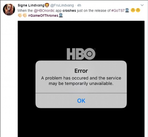 Bei HBO war der Dienst teilweise gar nicht verfügbar. (Screenshot: Twitter/@FruLindvang) 