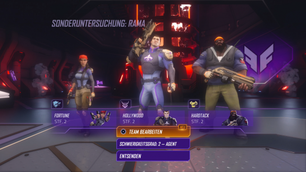 Zum Missionsstart w&auml;hlen wir drei Agenten aus. (Screenshot: Golem.de / Bild: Deep Silver)