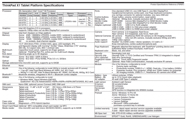 Technische Daten des Thinkpad X1 Yoga v2 (Bild: Lenovo)