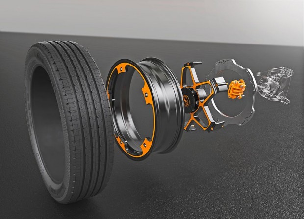 Das zweiteilige New Wheel Concept senkt das Gewicht von Rad und Bremse und reduziert die Servicekosten durch die Lifetime-Bremsscheibe und einfachen Belagwechsel. (Bild: Continental)