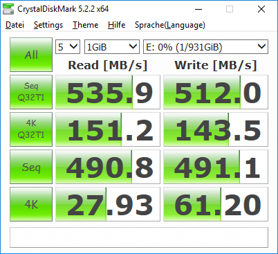 Im Idealfall schafft die T5 &uuml;ber 500 MByte die Sekunde. (Screenshot: Marc Sauter/Golem.de)