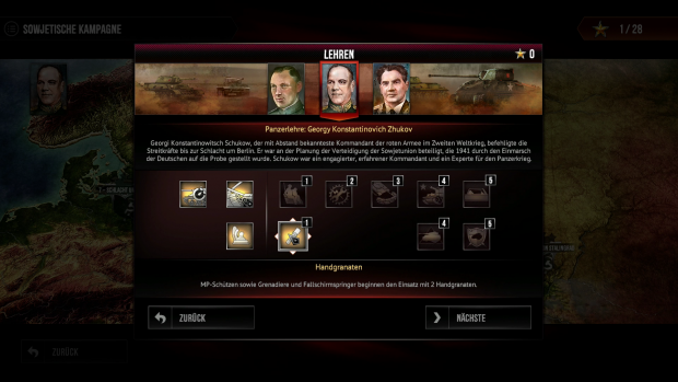 Vor jedem Einsatz wählen wir einen von drei Generälen. (Screenshot: Golem.de / Bild: Kalypso Media)