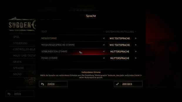 Die Sprachausgabe lässt sich ganz nach den Vorlieben des Spielers einstellen. (Screenshot: Golem.de / Bild: Kalypso Media)