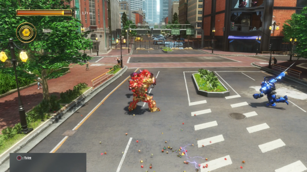 Mitten in einer Stadt greifen andere Maschinenwesen an. (Screenshot: Golem.de / Bild: Sony)