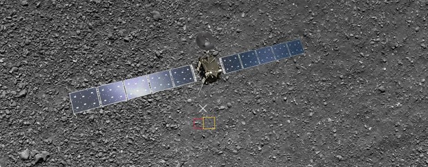 Rosetta kurz vor dem Aufsetzen (Montage). Die beiden Quadrate markieren, was die beiden vorherigen Bilder zeigen. (Bild: ESA/Rosetta/MPS for OSIRIS Team MPS/UPD/LAM/IAA/SSO/INTA/UPM/DASP/IDA/ATG medialab )