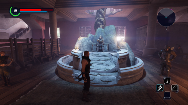 Einer der Fraktionsanführer hat seinen Thron in einem alten Hotel aufgebaut. (Screenshot: Golem.de / Bild: Piranha Bytes)