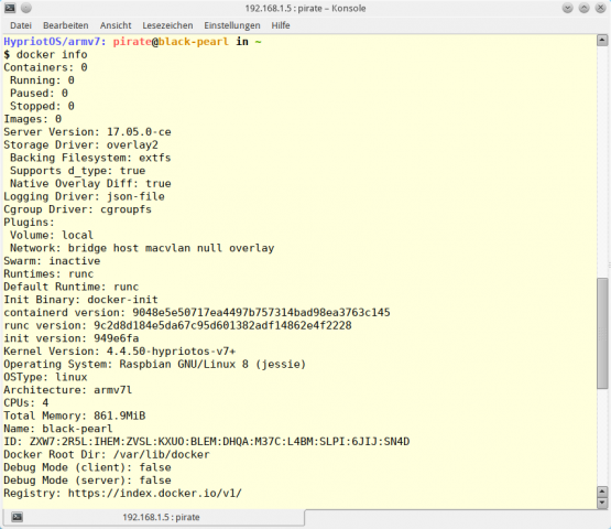 Läuft Docker, zeigt der Befehl docker info ausführliche Informationen dazu. (Raspberry Pi Geek)