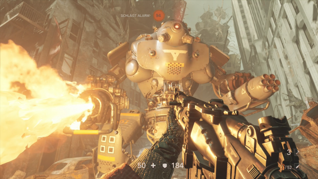 Der Riesengegner versucht, uns mit seinem Flammenwerfer zu grillen. (Bild: Bethesda/Screenshot: Golem.de)