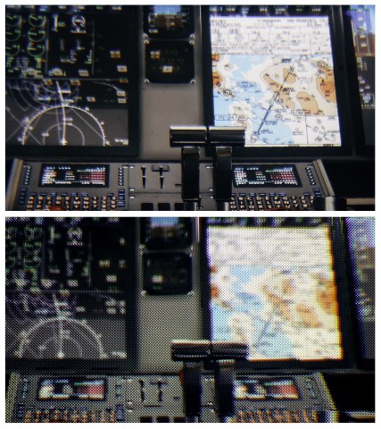 Ein mit einer Sony RX100 Mark 4 aufgenommenes und ausschnittsvergrößertes Foto des scharfen Bereichs des Varjo-Headsets (oben) und des gleichen Bereichs auf einem Oculus-Rift-Headset (Bild: Varjo)