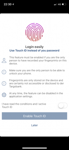 Die Targobank nötigt einem die Touch-ID-Nutzung auf. (Screenshot: Golem.de)