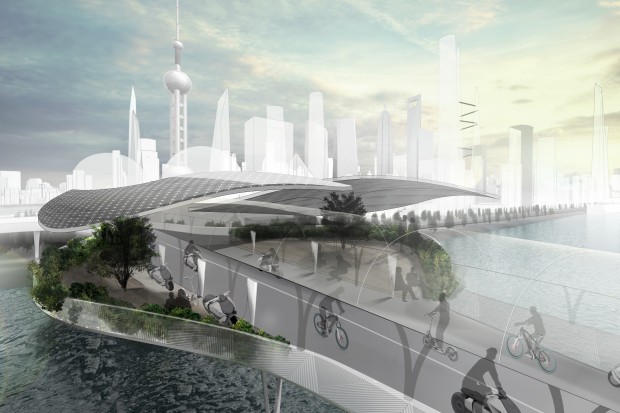 Das Konzept BMW Vision E3-Way sieht überdachte und mehrspurige Fahrradwege vor. (Grafik: BMW)