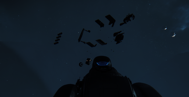 Auch noch ein Bug: Nach Abschuss eines Schiffs stehen dessen Einzelteile sortiert herum. (Bild: CIG/Screenshot: Oliver Nickel/Golem.de)