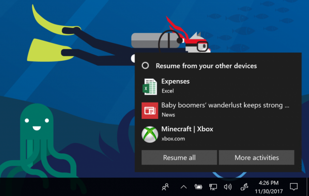 Cortana schlägt Timeline-Sitzungen vor. (Bild: Microsoft)
