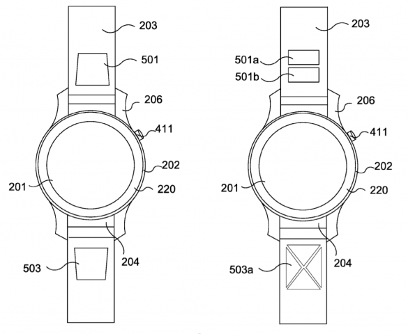 Ebenfalls im Antrag beschrieben: Ein im Armband eingebautes Touchfeld. (Bild: Huawei/WIPO)