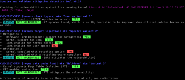 Ausgabe des Spectre-Meltdown Checkers unter Suse Linux auf einem Intel PC. (Screenshot: Golem.de)