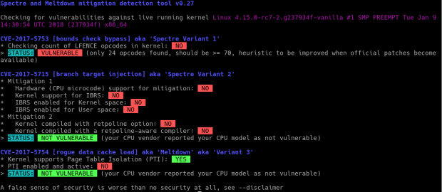 Ausgabe des Spectre-Meltdown Checkers unter Suse Linux mit einem Ryzen-Chip von AMD. (Screenshot: Golem.de)