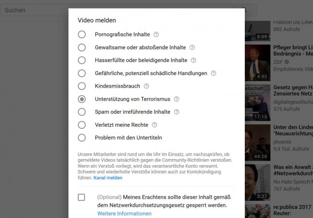 Youtube bietet nun eine Option an, rechtswidrige Videos nach dem NetzDG zu melden. (Screenshot: Golem.de)