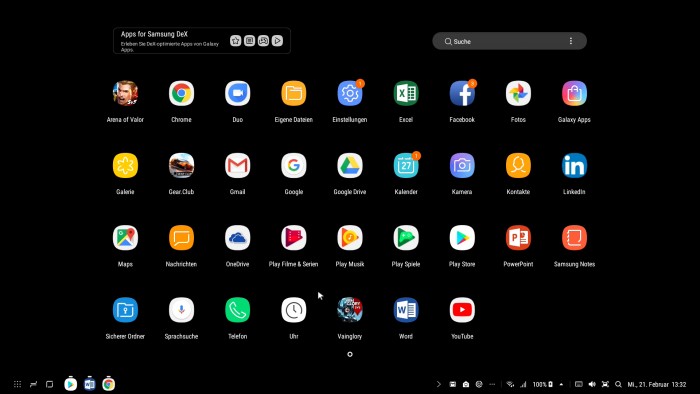 Das Startmenü von DeX sieht mehr nach Android als nach PC aus. (Screenshot: Golem.de)