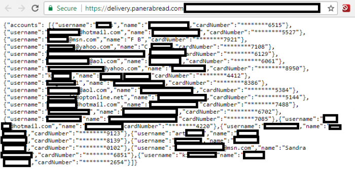 Screenshot der Kundendaten, die auf der Webseite von Panera Bread offenbar offen zugänglich waren (Quelle: KrebsOnSecurity).