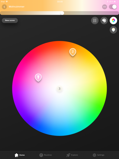 Die Farbauswahl kann jetzt auch gleichzeitig für alle Lampen einer Gruppe durchgeführt werden. (Bild: Screenshot/Golem.de)